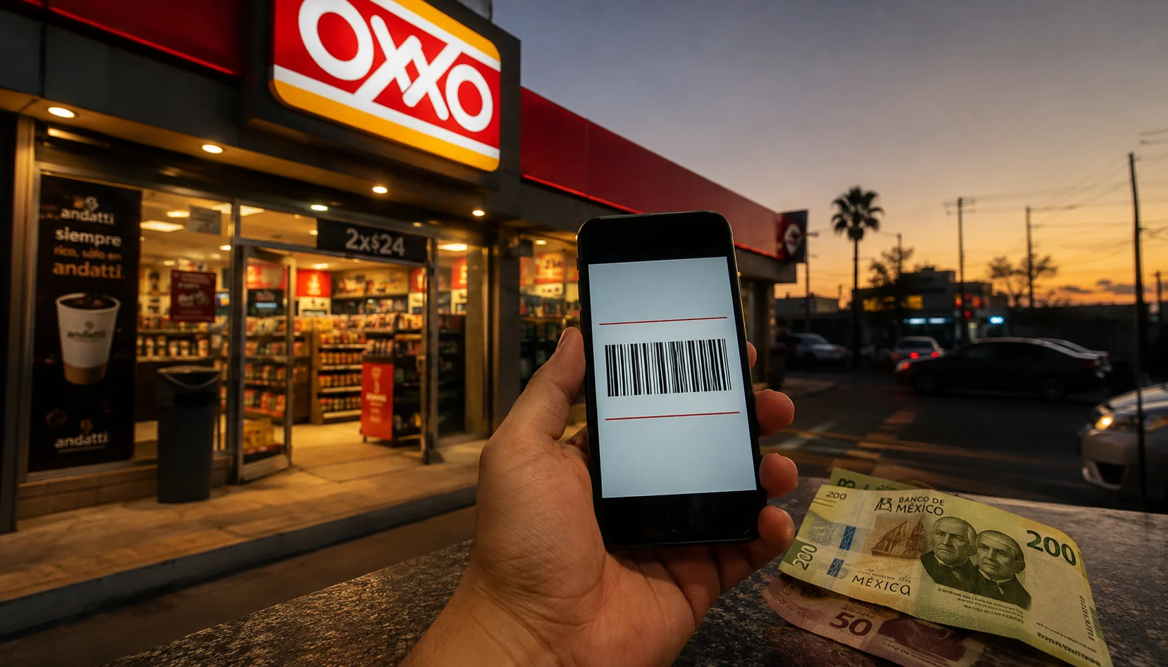 Tienda OXXO en México por la noche con un cliente realizando un pago de servicios mediante código de barras desde su smartphone
