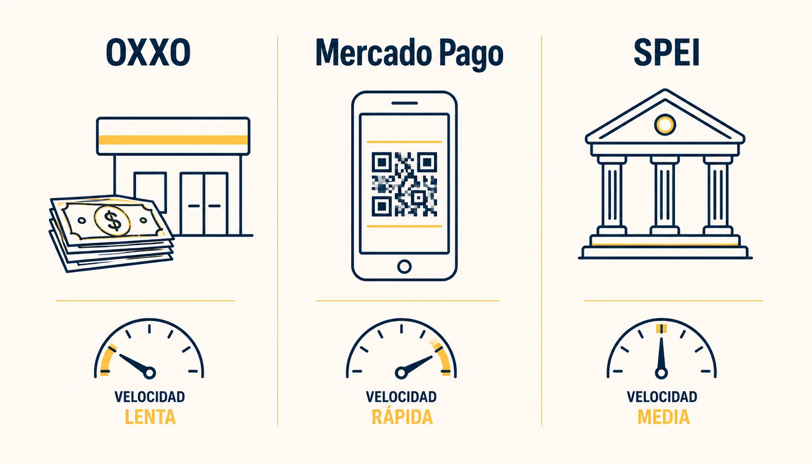Comparativa visual editorial entre OXXO, Mercado Pago y SPEI como métodos de pago para depositar en casinos online desde México: cada método con icono representativo y velocidad relativa de acreditación