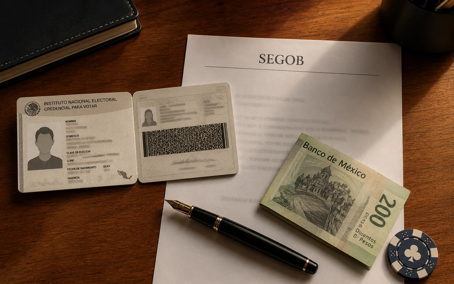 Escritorio editorial con una identificación INE mexicana, un documento de la SEGOB y una pluma fuente sobre madera, representando el marco regulatorio mexicano para casinos online