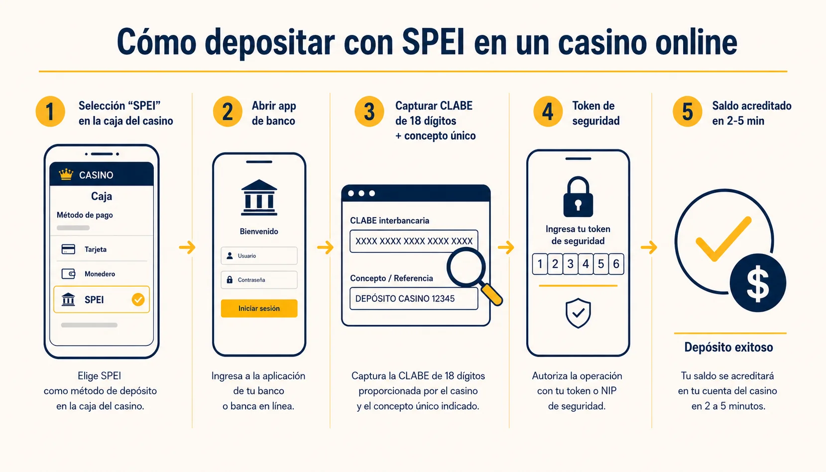 Infografía editorial de los 5 pasos para depositar con SPEI en un casino online mexicano