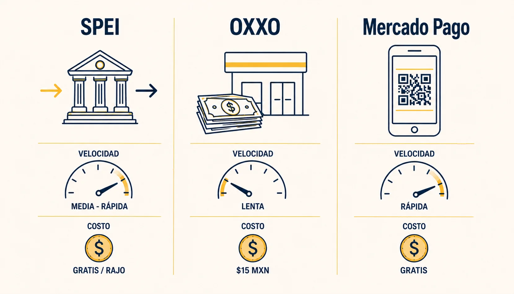 Comparativa visual editorial entre SPEI, OXXO y Mercado Pago como métodos de pago para casinos online en México