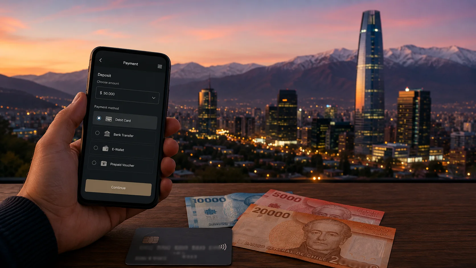 Skyline de Santiago de Chile con la cordillera de los Andes y una mano con un smartphone mostrando un pago de casino online