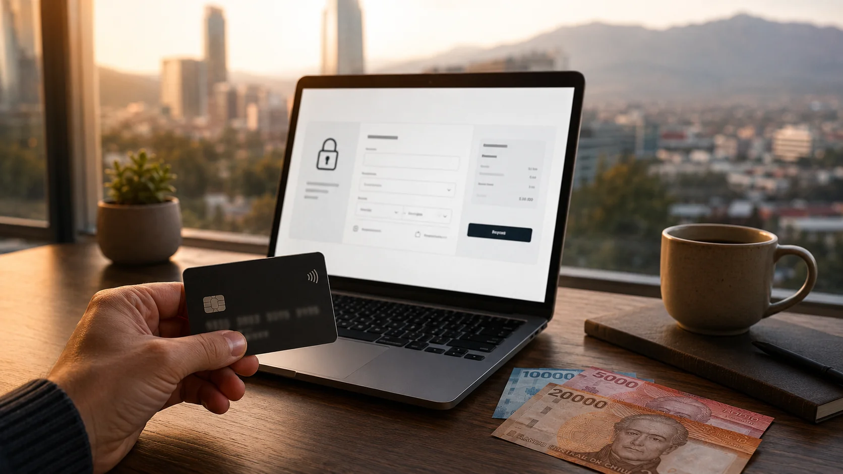Mano con una tarjeta de débito chilena junto a un laptop con una pasarela de pago segura para depositar en un casino online